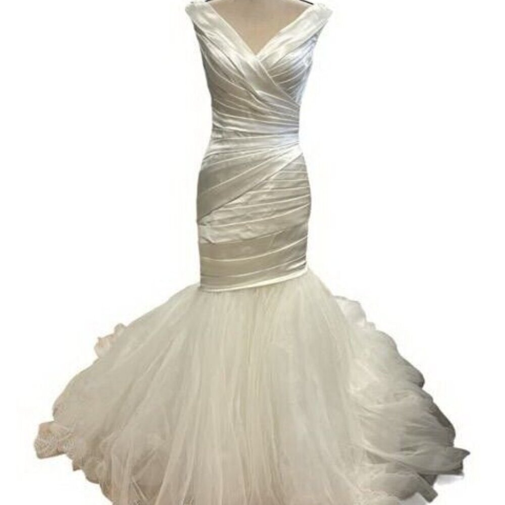 Bonny Bridal Ivory Pleated Satin Top Removable Tulle Bottom Gown